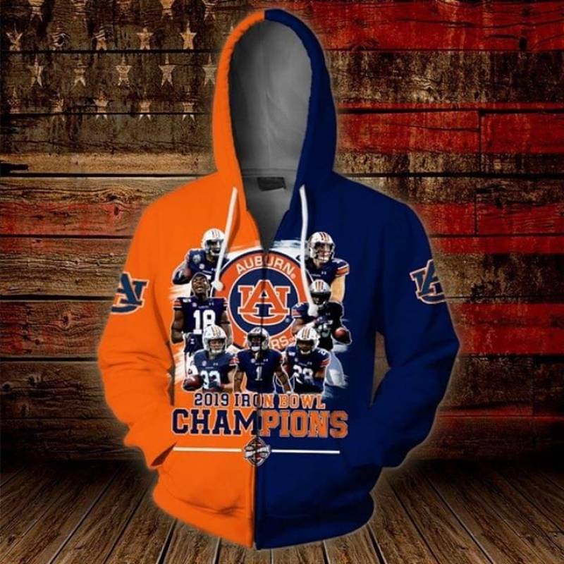 Auburn Tigers 2019 Iron Bowl Champions College Football Team Logo And Wordmark Players Gift For Auburn Tigers Fans Burnt Orange And Navy Blue All Over Print Zip Hoodie S-3Xl