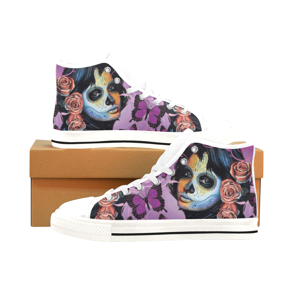 Sugar Skull Candy V1 White Men’s Classic High Top Canvas Shoes /Large Size