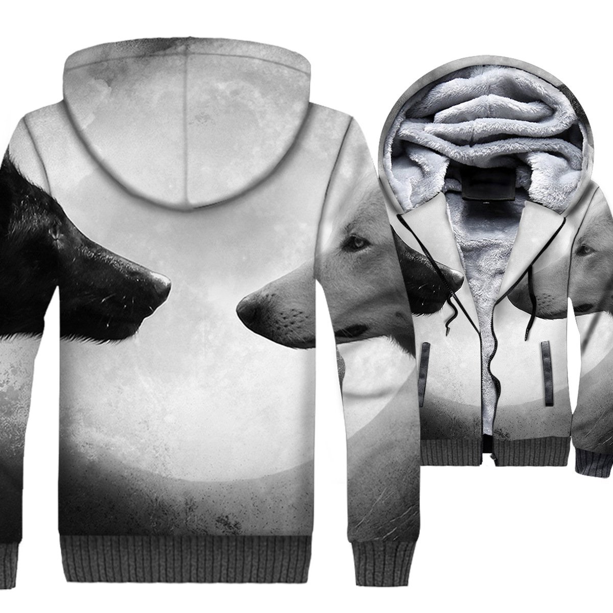 Animal Jackets – Animal Series Black And White Wolf Moon Super Cool 3D Fleece Jacket