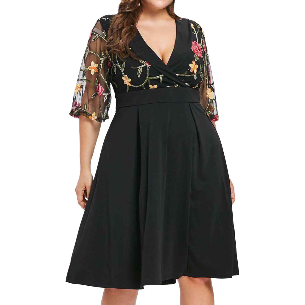 Women Casual Floral Short Sleeve Plus Size Solid Applique V-Neck Dress 5XL Party Bandage Beach Dress Summer Sunress Vestido alx