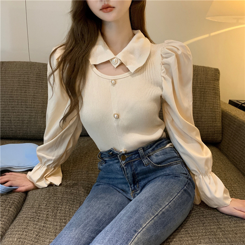 Turn Down Collar Spliced Shirt Woman Puff Long-sleeved Knit Tops Mujer 2022 New Autumn Temperament Sweater Pullover Women alx