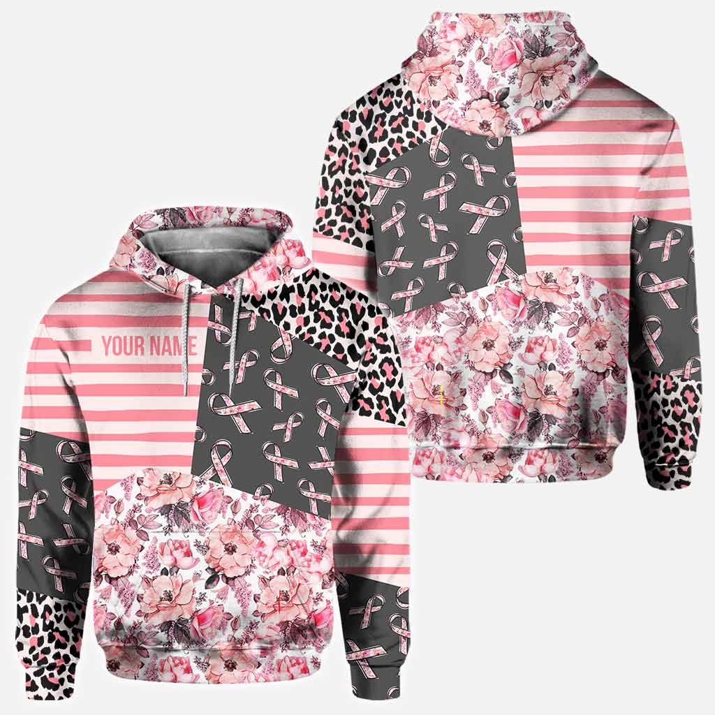 Pink Ribbons Striped Leopard Floral Pattern – Breast Cancer Awareness Personalized All Over Printed Hoodie