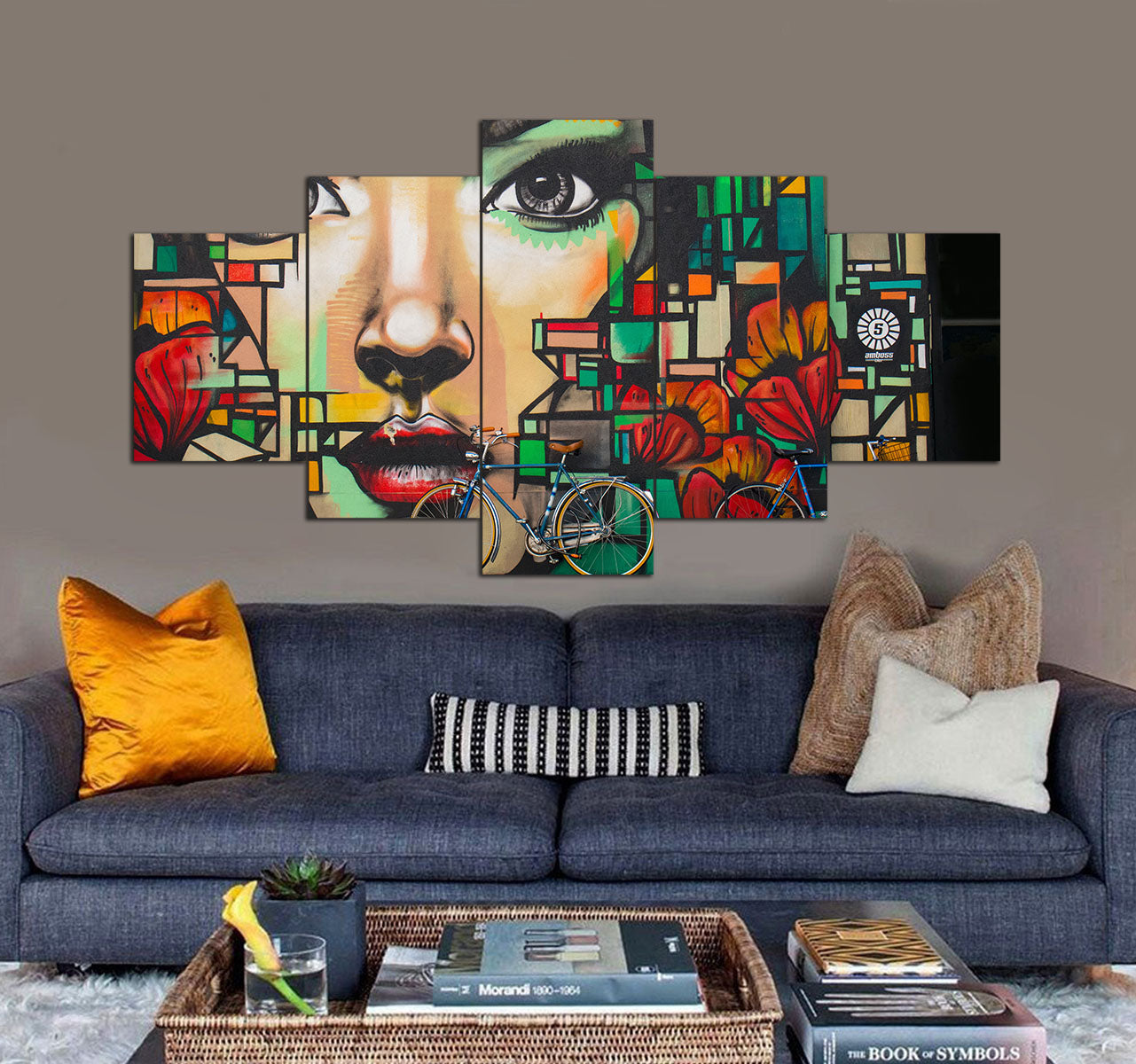 Bikes lean against wall painting 3D 5 piece canvas art