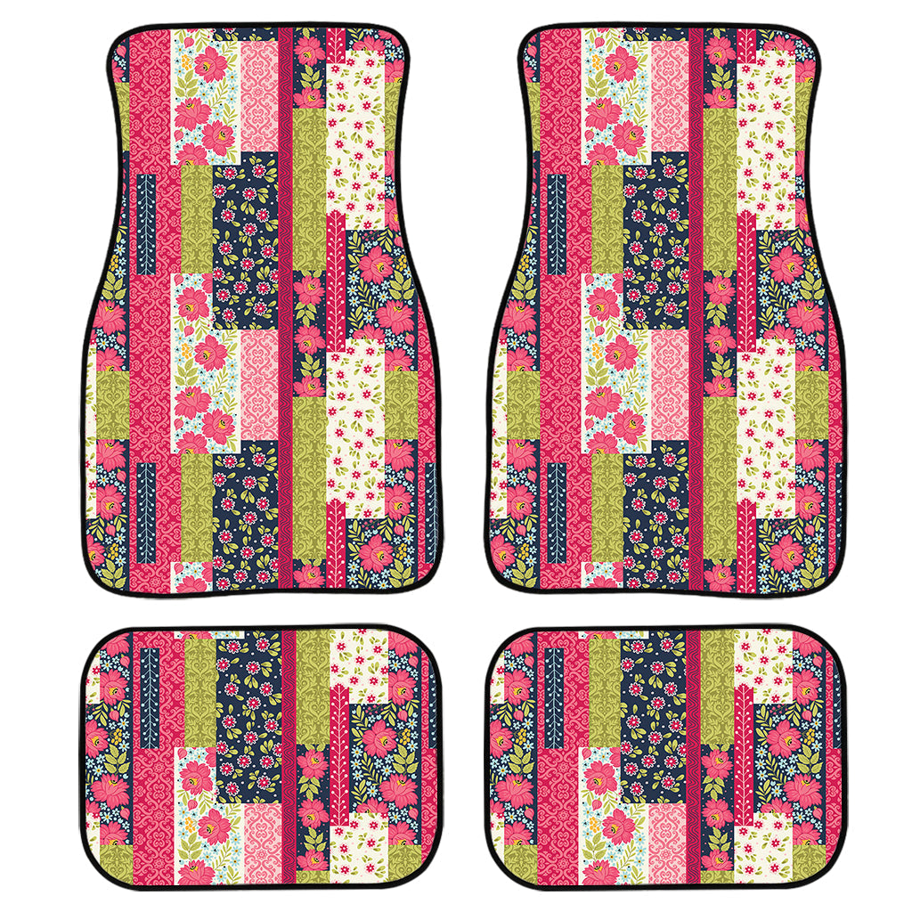 Pink Flower Patchwork Pattern Print Front And Back Car Floor Mats, Front Car Mat