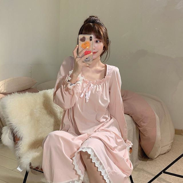 Women Nightgowns Long Sleeve Lace Sweet Square Collar Retro Midi Nightdress Loose Cozy Bow Gentle Teens Sleepwear Kawaii S-4XL alx