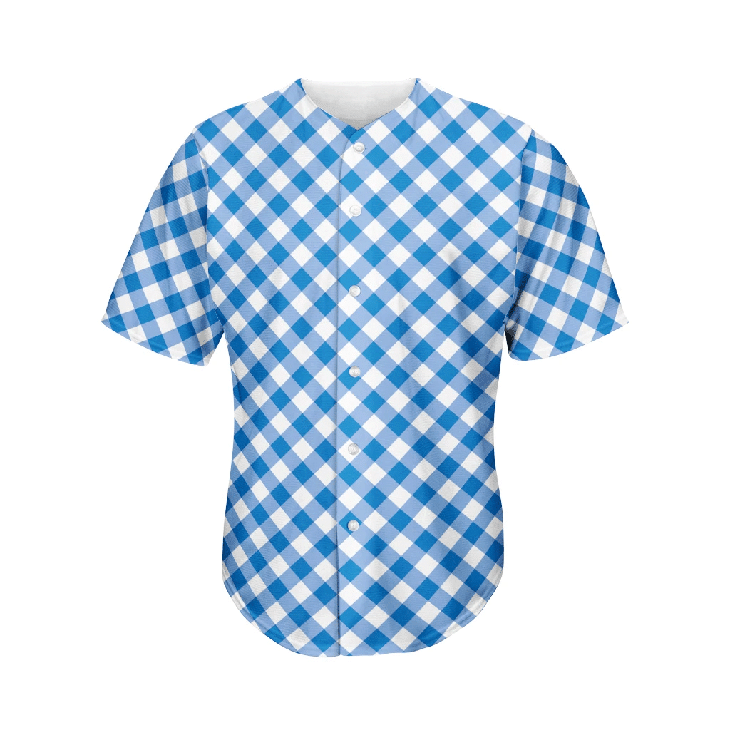 Steel Blue And White Gingham Print Men’S Baseball Jersey