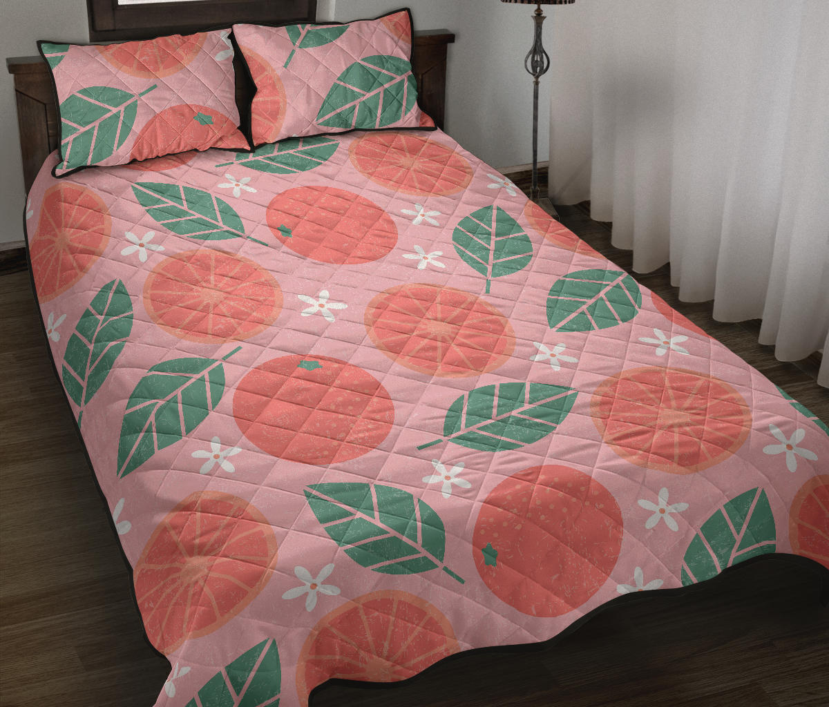 Grapefruit leaves flower pink background Quilt Bed Set