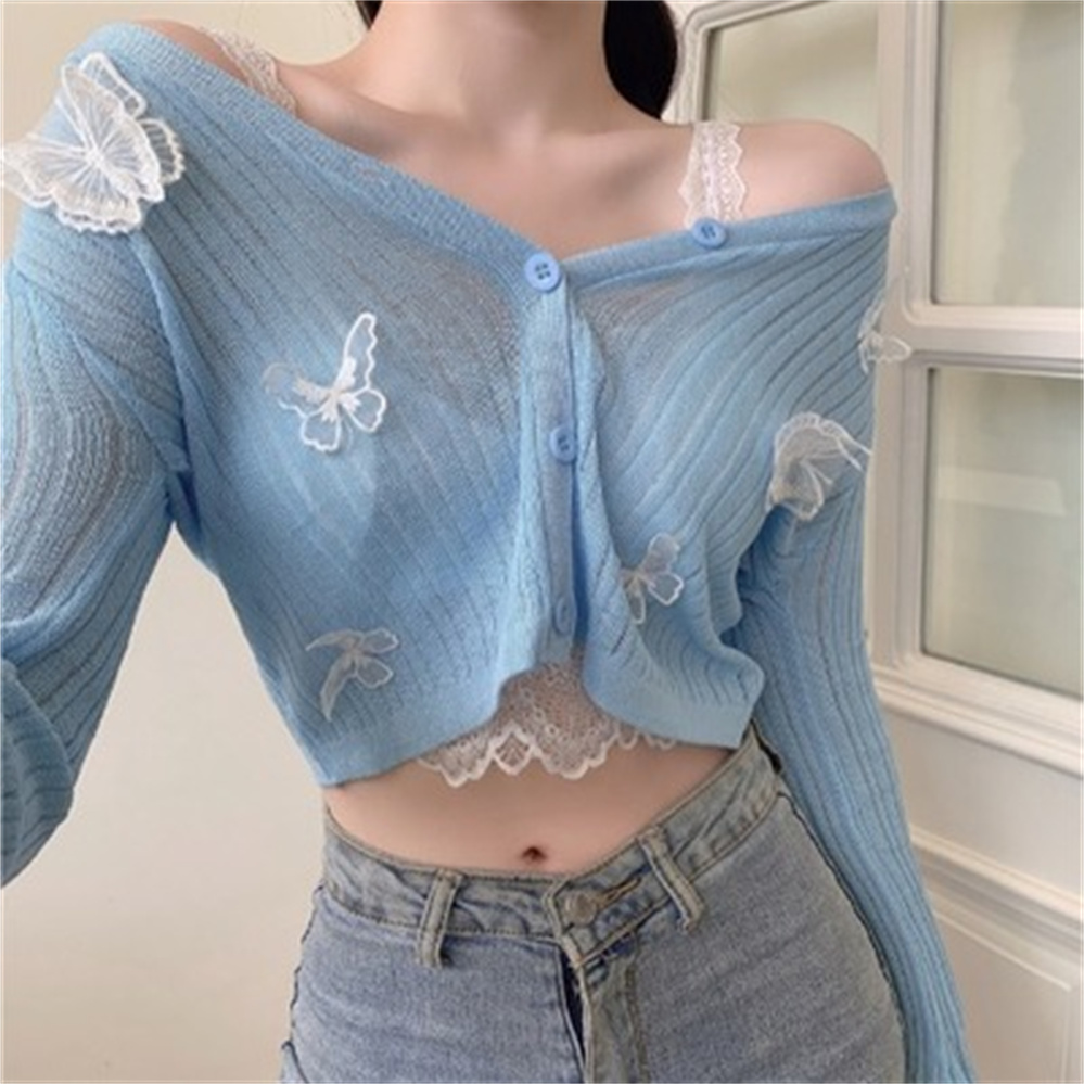 2021 Butterfly Knit Cardigans Women Korean Sexy V-Neck Fitness Crop Tops Ladies Summer Thin Long Sleeved Sunscreen Jackets H314 alx