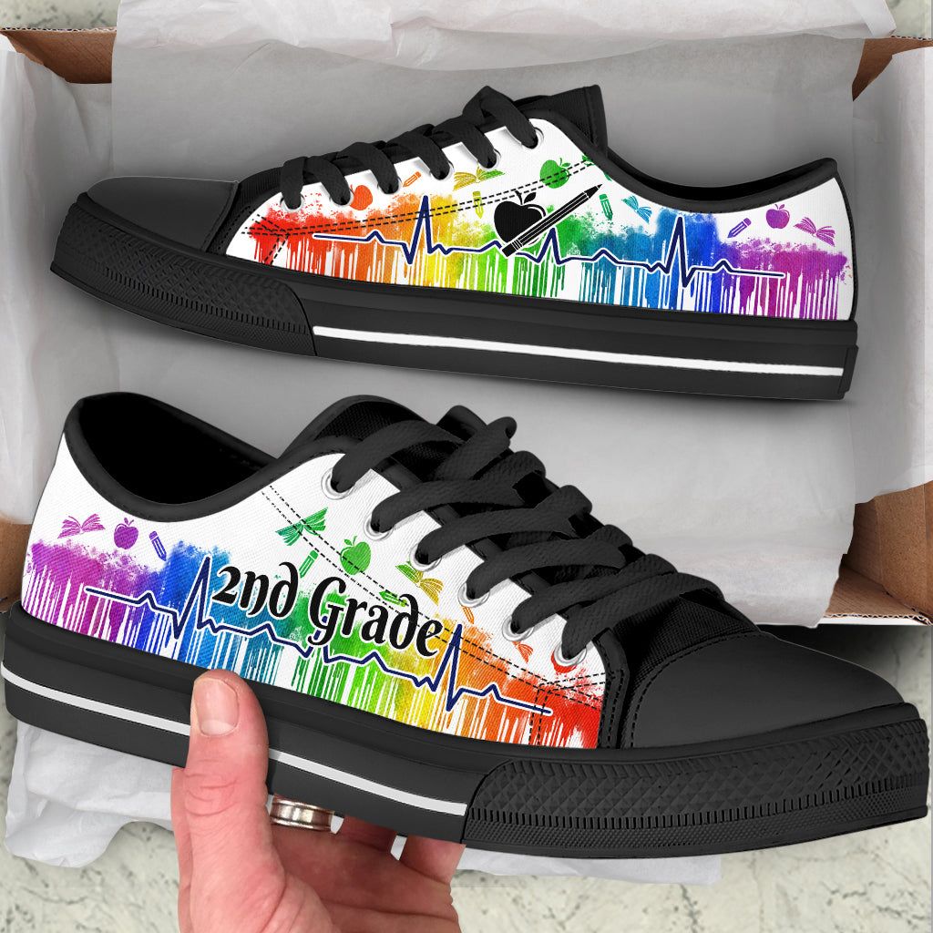 2Nd Grade Teacher Low Top Shoes Canvas Shoes School Shoes Drip Watercolor Heartbeat