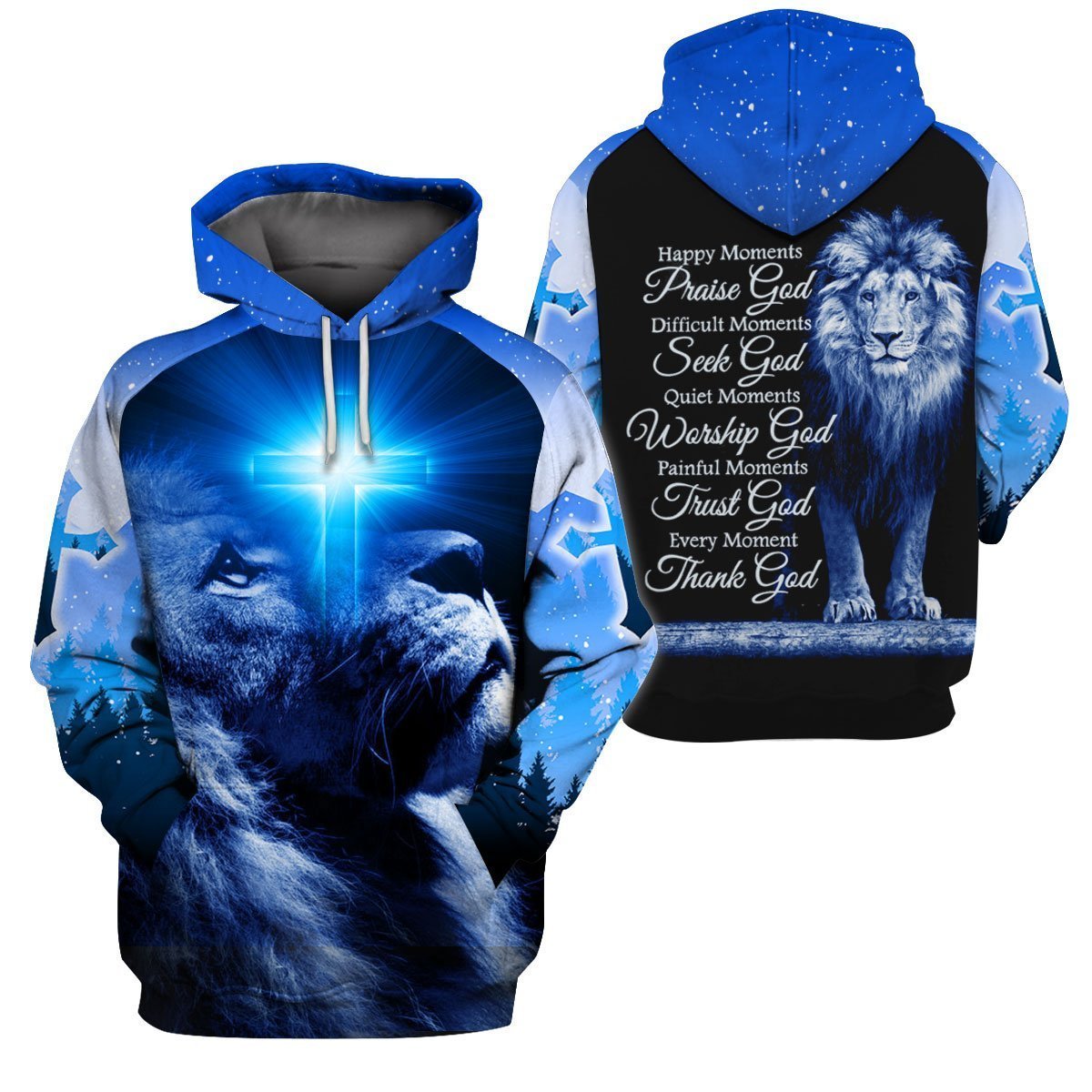 Unifinz Jesus Shirt Christian Apparel Happy Moments Praise God Difficult Moments Seek God Lion Blue T-Shirt Jesus Hoodie 2022