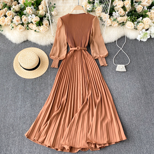 Women’s Elegant Long Dress Spring and Summer Bubble Long Sleeve Pleated Belt Long Skirt 2022 Ladies French Temperament New Dress alx