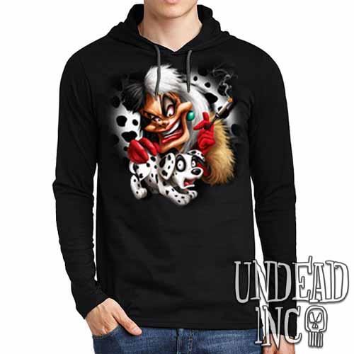 Villains Cruella De Vil Dalmatian Puppy Variant – Mens Long Sleeve Hooded Shirt