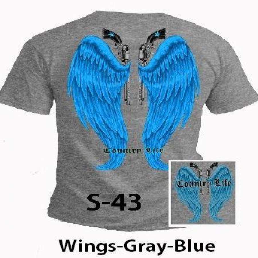 Country Life Outfitters Gray & Blue Wings Guns Vintage Girlie Bright T Shirt