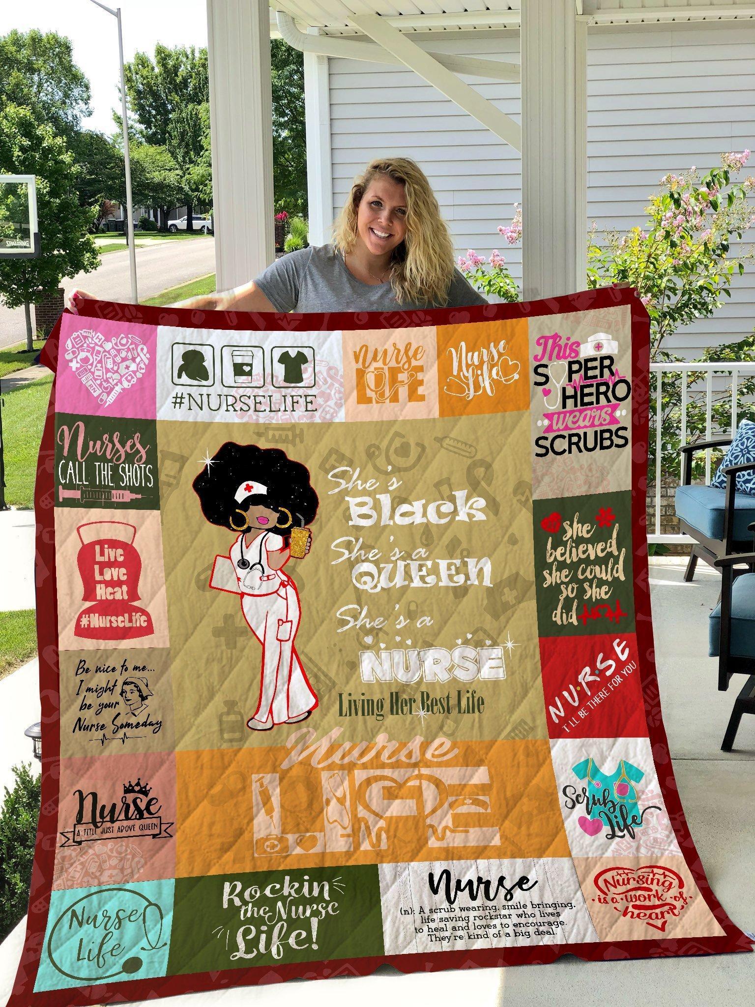 Nurse Black Queen Living Her Best Life Quilt Blanket