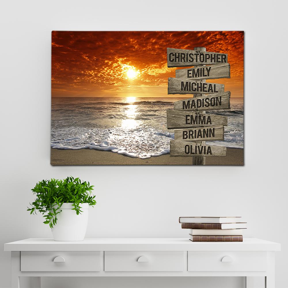 Beach Ocean Sunset Multi Names Premium Canvas Crossroads Personalized Canvas Wall Art, Family Street Sign Family Name Art Canvas For Home Decor Custom Canvas