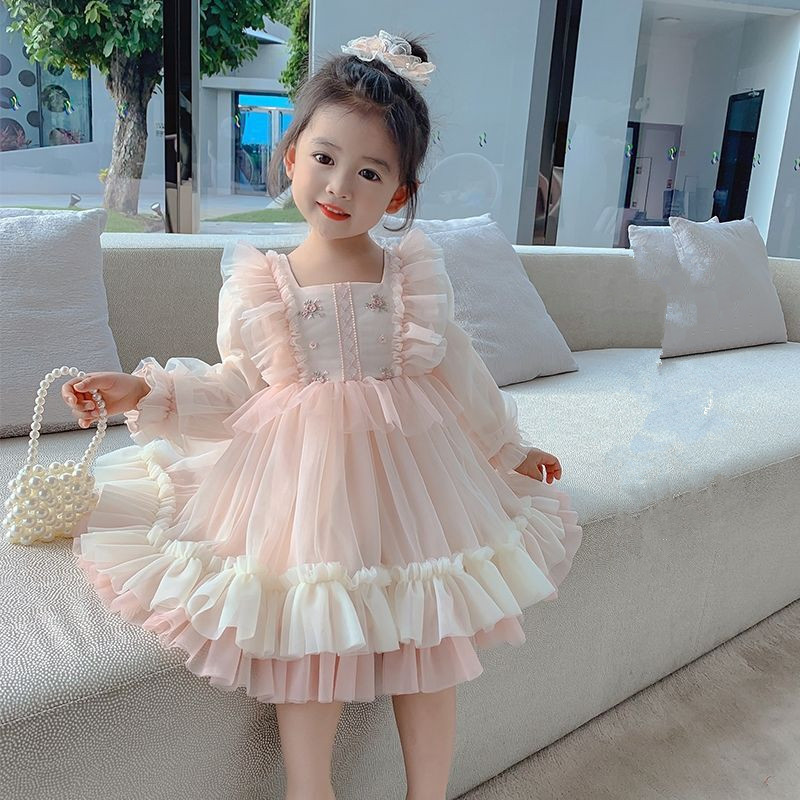 Spring Girls Clothing Lolita Style Elegant Lace Wedding Dress Girls Princess Party Pageant Tulle Gown Kids Clothes 2-7Years alx