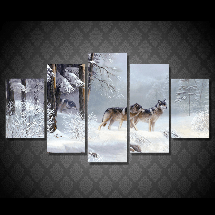 Winter Hill Gray Wolves Animal 5 Panel Canvas Art Wall Decor