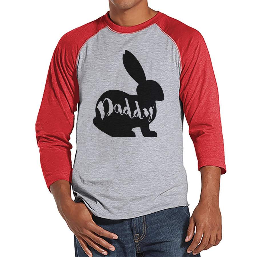 Men’s Easter Shirt – Mens Daddy Bunny Happy Easter Shirt – Happy Easter Tshirt – Gift for Him – Matching Family Bunny Shirts – Red Raglan