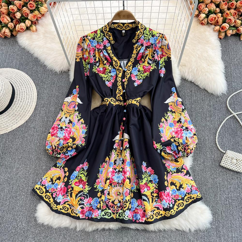 spring and autumn retro palace style V-neck high-waisted lantern long-sleeved waist-less slimming printed a-word swing dress alx