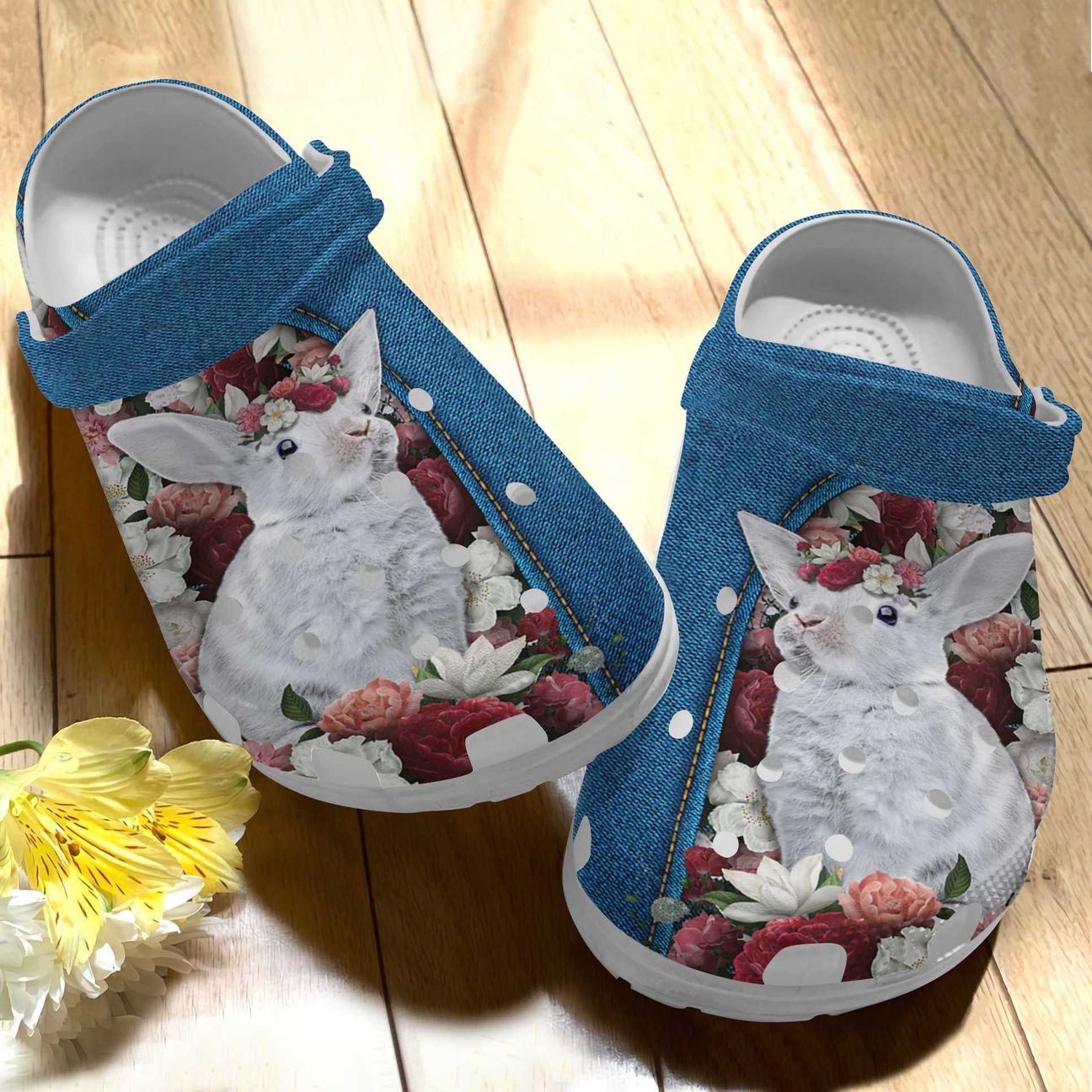 Rabbit Personalized Clog, Custom Name, Text Floral Rabit In Jean, Fashion Style For Women, Men, Kid, Print 3D