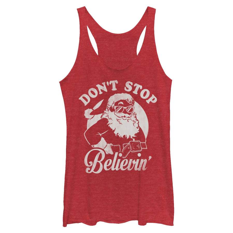 Lost Gods Women’s Christmas Santa Don’t Stop Believing  Racerback Tank Red Heather