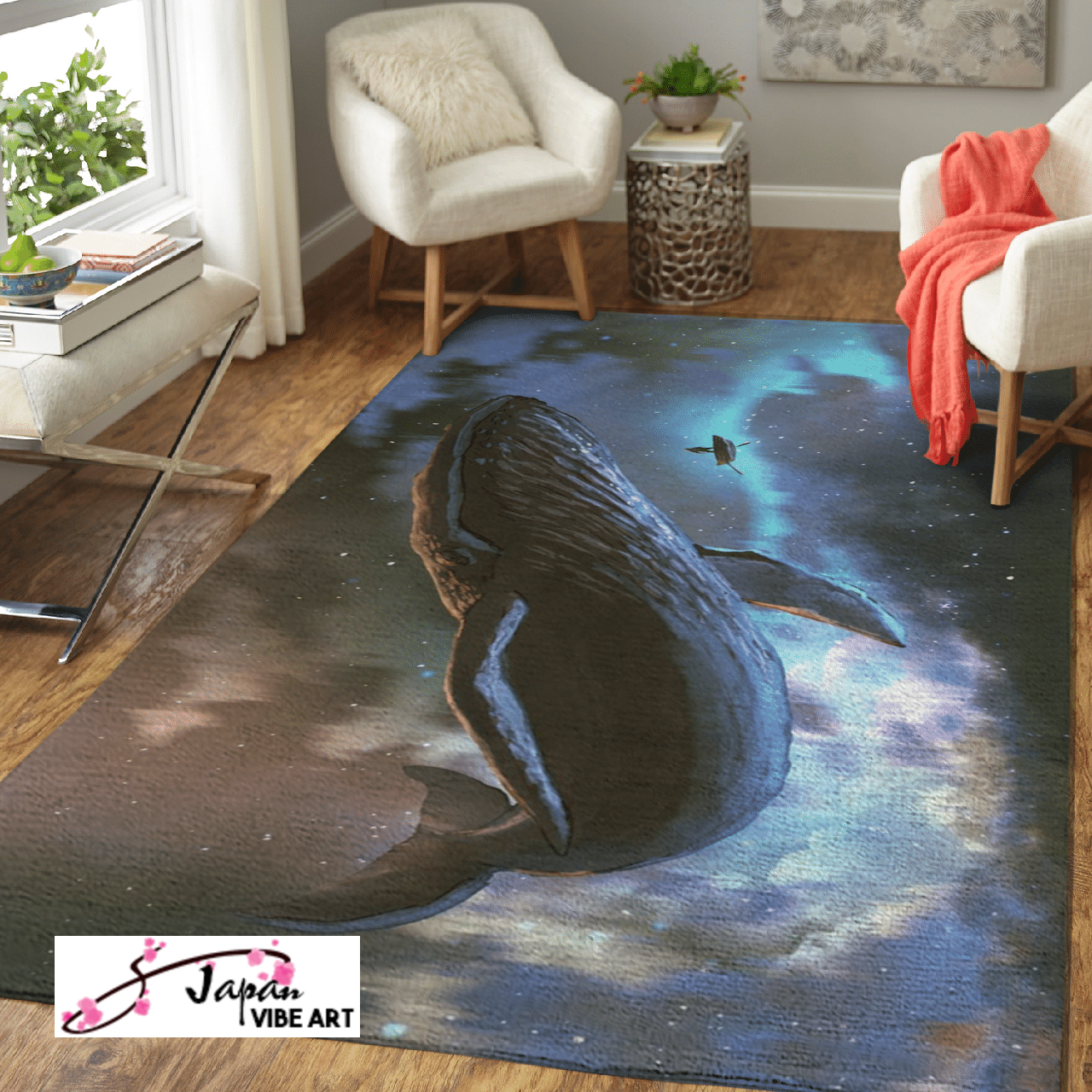 Area Rug 1043 Japanese Anime outer space journey concept showing a man looking at the giant whale flying in the beautiful sky