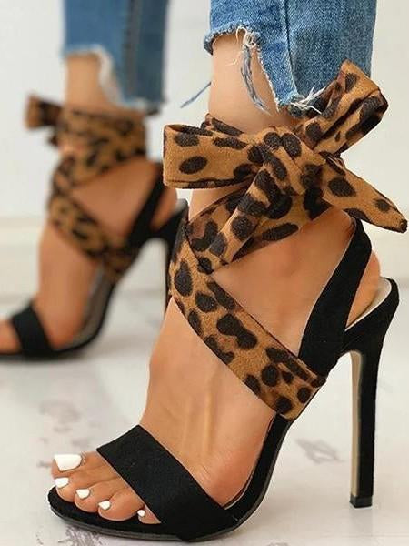 Women’S Leopard Print Bandage High-Heeled Shoes