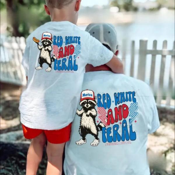 Youth And Adult Red White & Feral Short Sleeve Shirt, Funny Racoon Shirt, Matching 4th of July Tee, Southern Boy America Shirt For Kids Mens, Summer Clothing, Kids Clothing