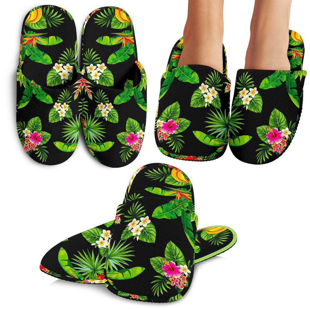 Black Tropical Hawaii Pattern Print Slippers Ha85207