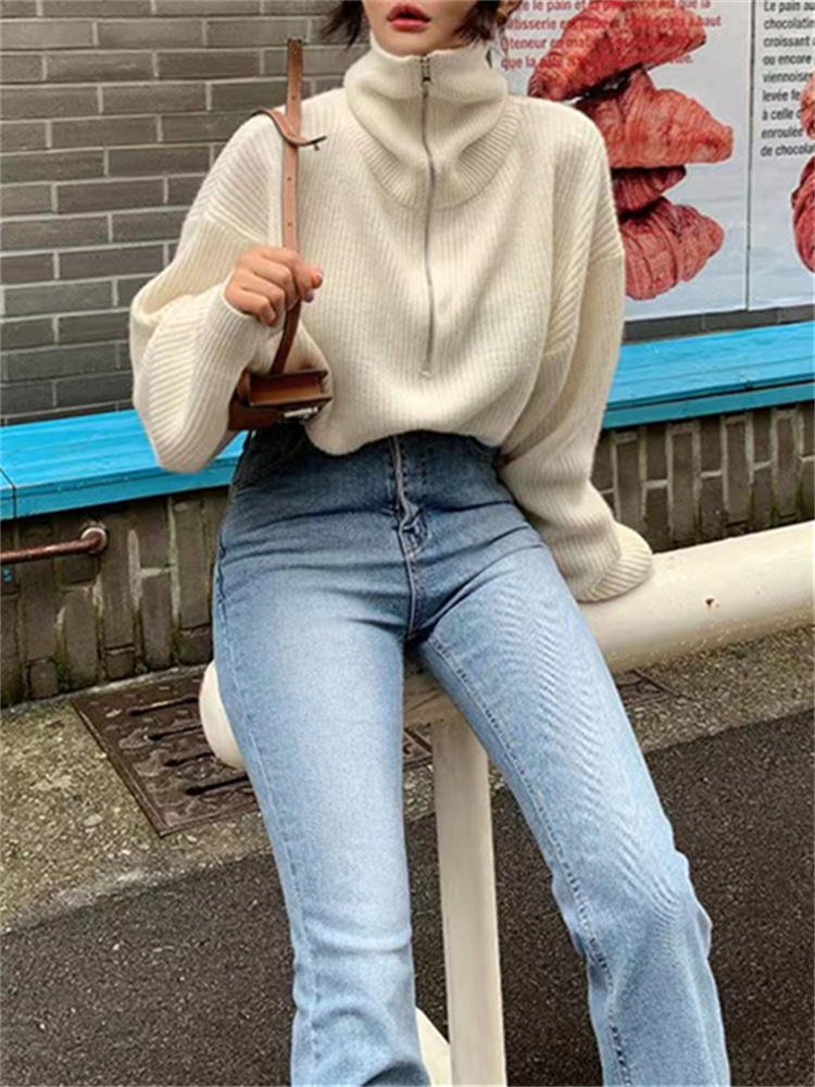 Syiwidii Loose Pink Sweater for Women Fall Winter 2022 New Turtleneck Half Zipper Straight Casual Korean Fashion Short Sweater alx