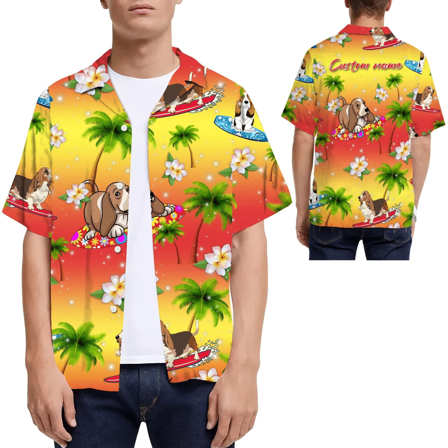 Surfing Basset Hound Coconut Tree Custom Name Men Hawaii Shirt For Dog Lovers Ha52614