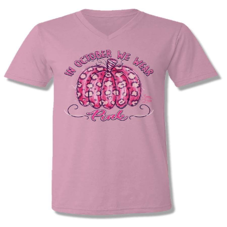 Sassy Frass In October We Wear Pink Leopard Pumpkin V-Neck Canvas Bright T Shirt