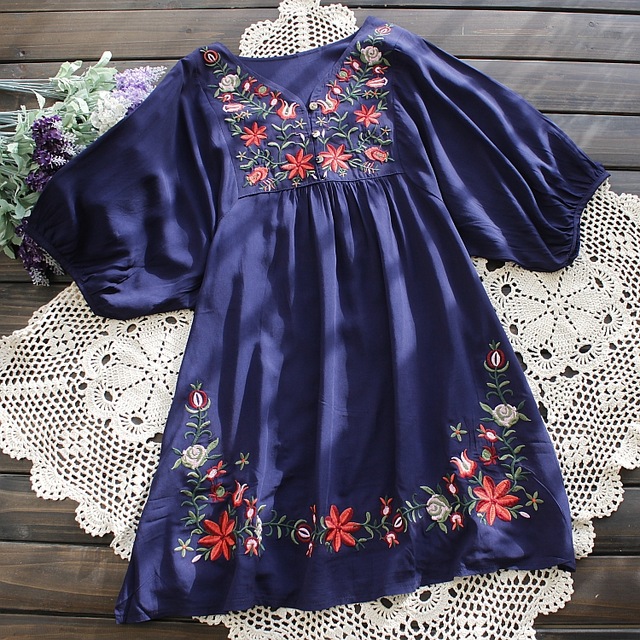 2021 Summer Women Mexican Embroidered Floral Peasant Blouse Vintage Ethnic Tunic Retro Boho Hippie Clothes Loose Tops Blusas alx