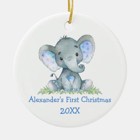 Personalized Ornament Baby First Christmas Watercolor Blue Elephant Customized Ceramic Circle Ornament 1 – 2 Sided