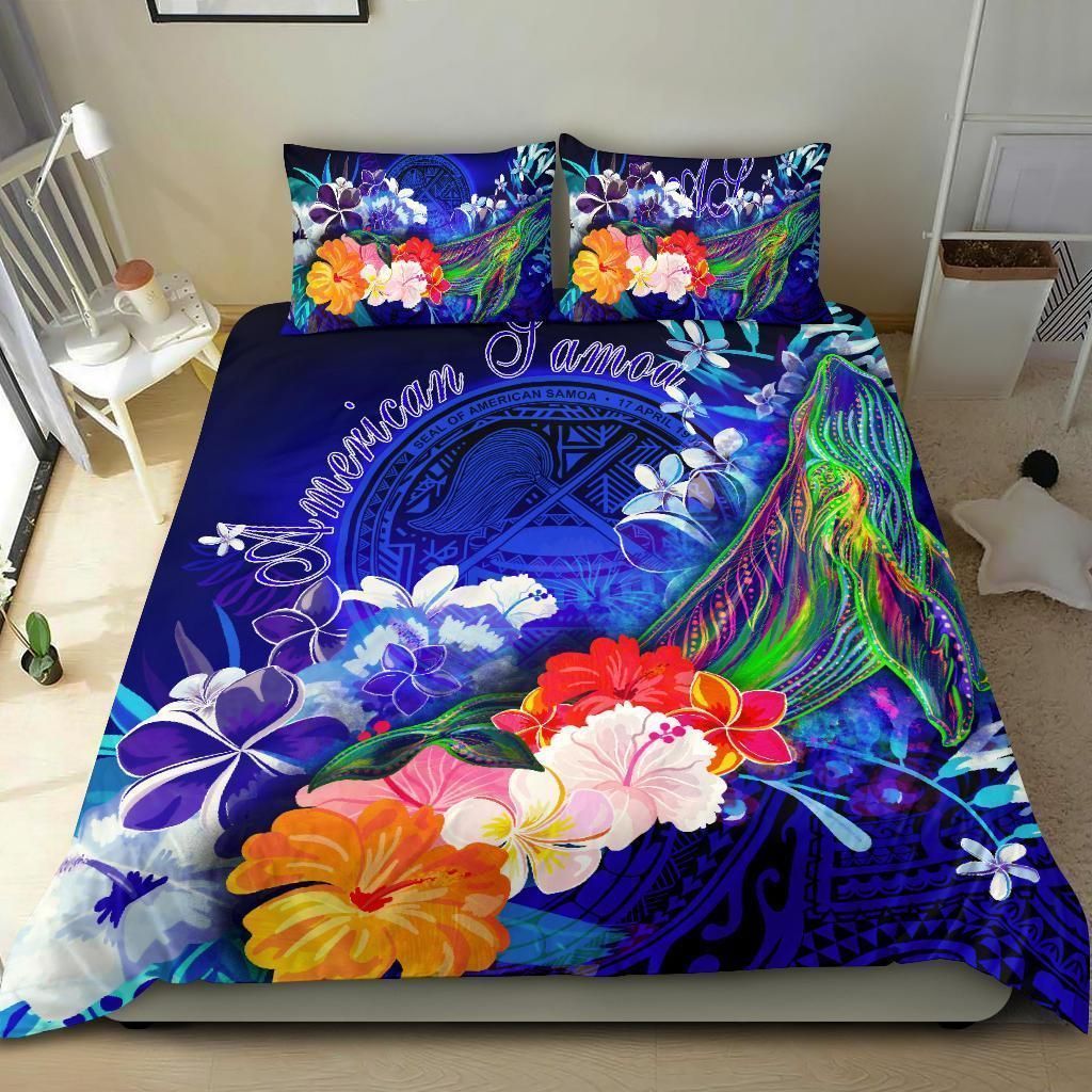 Alohawaii Bedding Set – Cover And Pillow Cases American Samoa Polynesian – Humpback Whale With Tropical Flowers (Blue)- Bn18