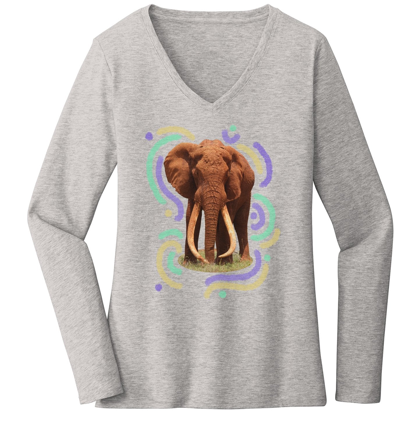 Wiggly Lines Elephant – Women’s V-Neck Long Sleeve T-Shirt