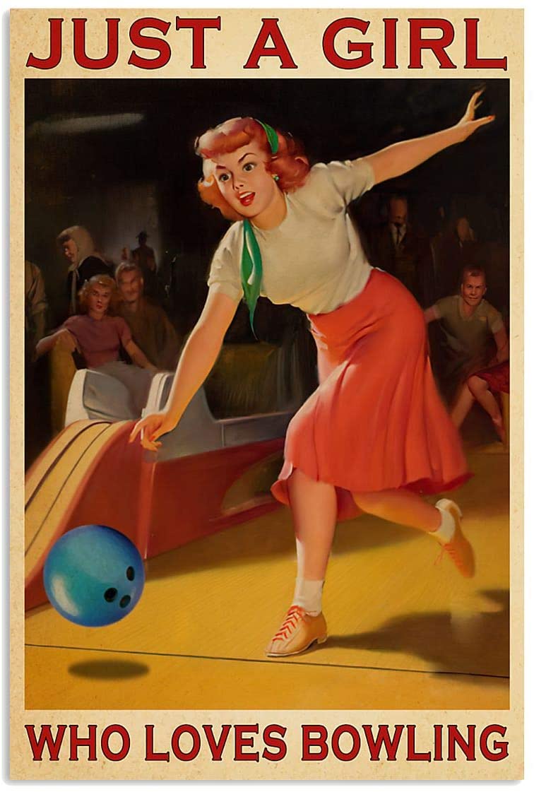 Vintage Just A Girl Loves Bowling Poster Art Print      Home Decor Gift For Men Women Family Friend On Birthday Xmas