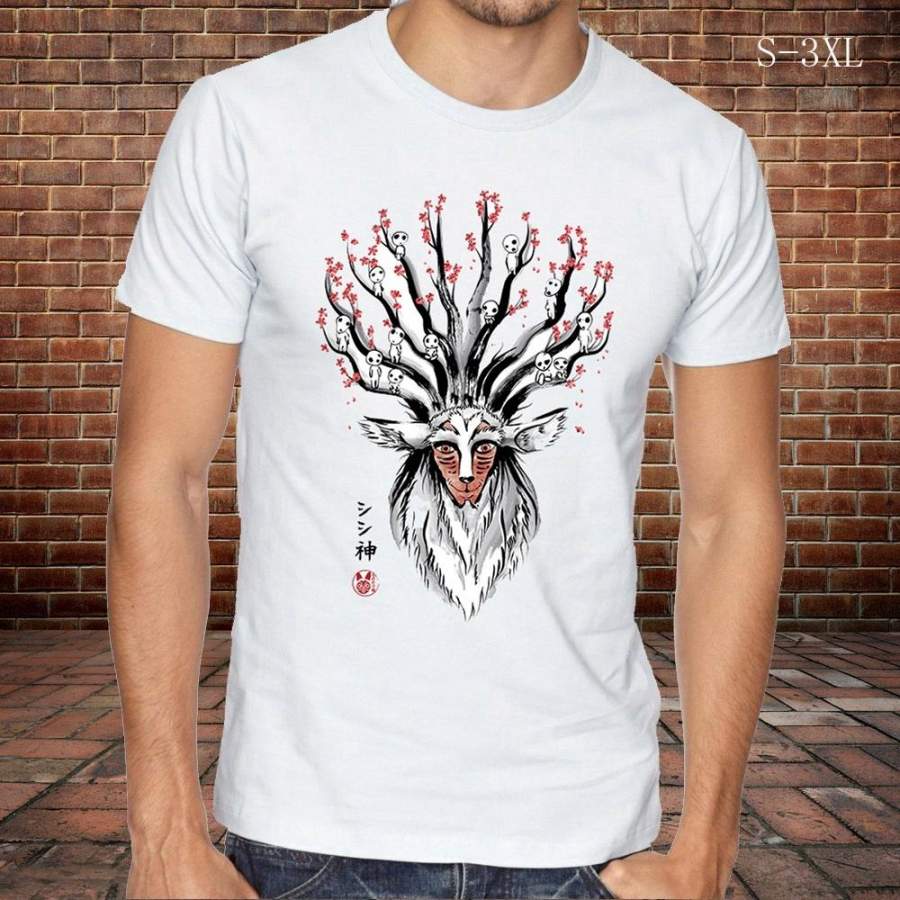 No Face God Deer Ink Painting T-shirt Men O-neck Princess Mononoke Forest Spirit Tattoo Tops Teenager Harajuku Male Tees White S-3XL