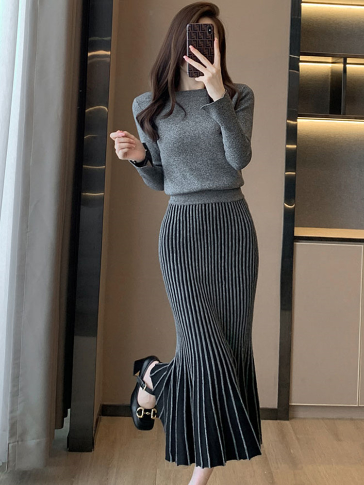 Two Pieces Set Women Elegant Long Sleeve Knitted Pullover Sweater + High Waist Mermaid Skirt Suit alx