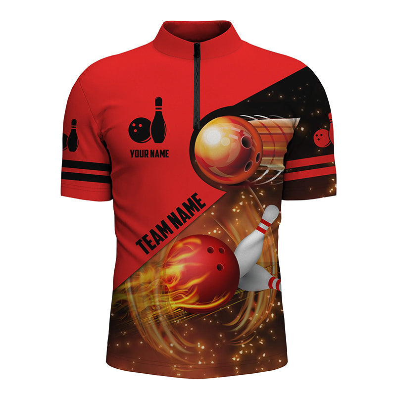 Men Quarter Zip Custom Red Flame Bowling Shirts For Men, Bowling Team Quarter Zip Shirts Flaming Bowling Ball