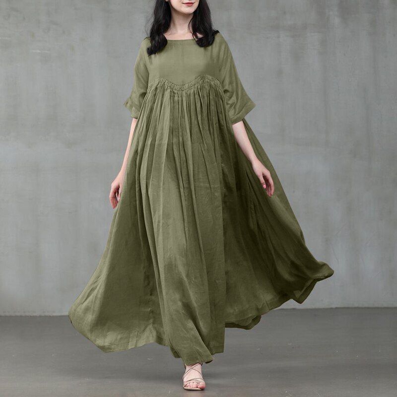 ZANZEA 2022 Vintage Summer Maxi Dress Women’s Pleated Sundress Half Sleeve Long Vestidos Female Casual O Neck Robe Oversized alx