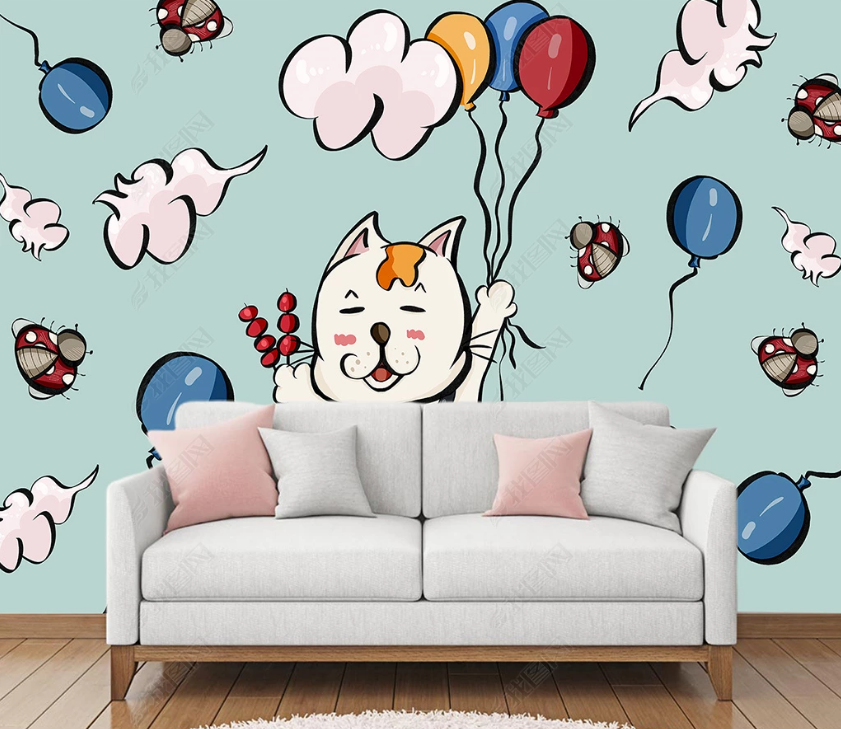 3D Cartoon Animal Cat Balloon Wall Mural Wallpaper Lqh 74