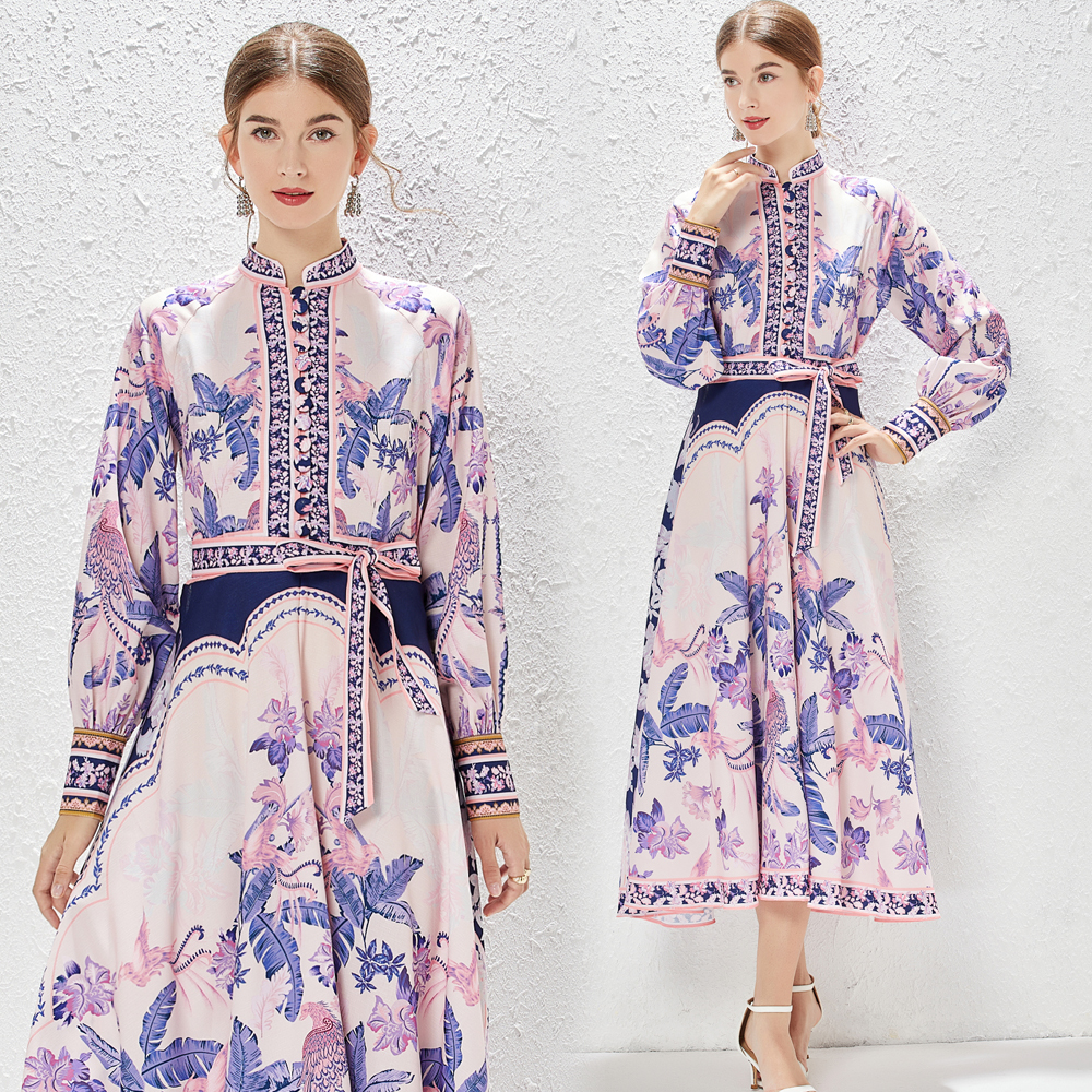 vintage floral print chiffon dress women gold embroidery loose big long sleeve maxi dresses autumn outfits quality alx