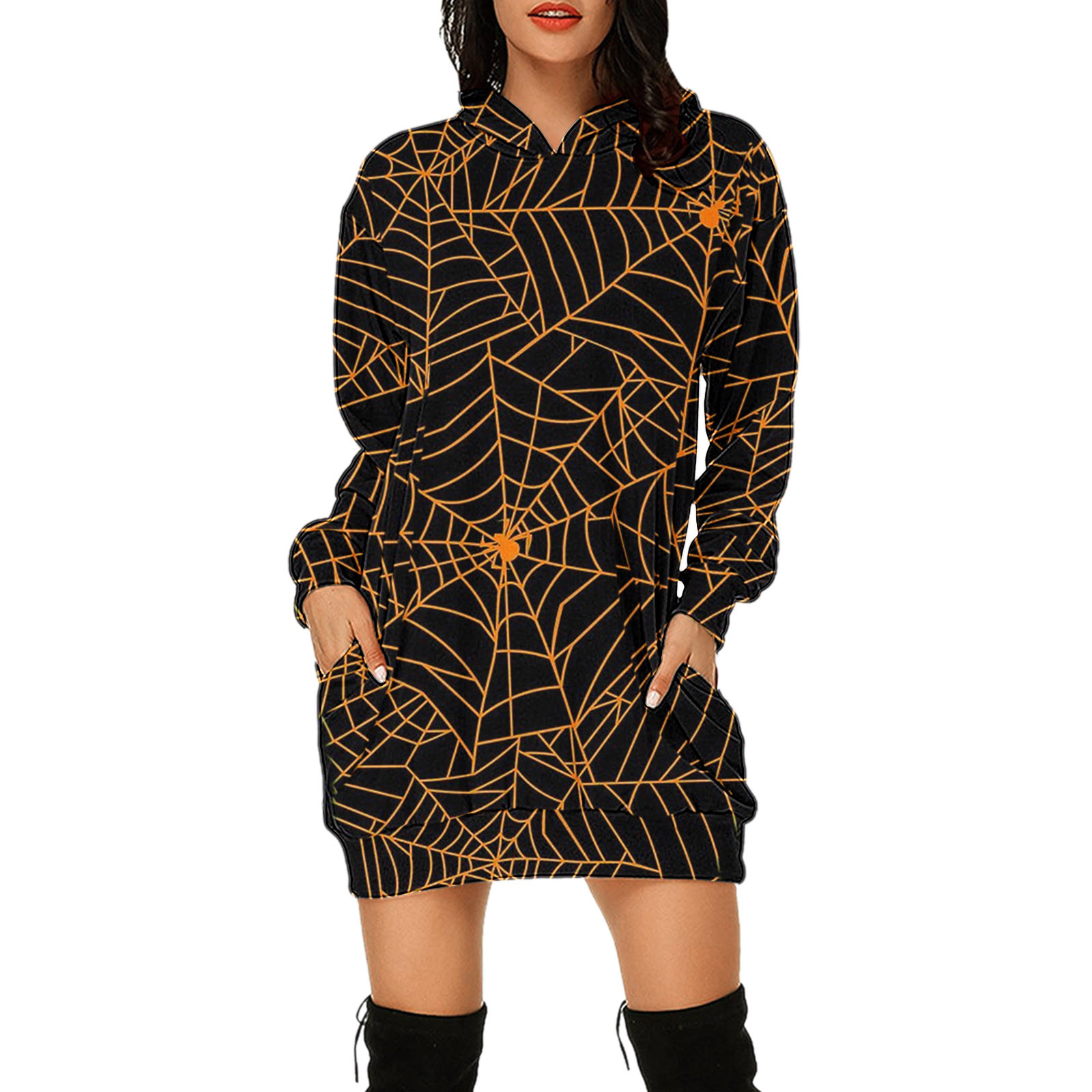 Autumn Winter Hoodies Dress for Women Halloween Skull Bat Hooded Sweatshirt Dress Vestidos Casual Pocket Pullover Dress Robe alx