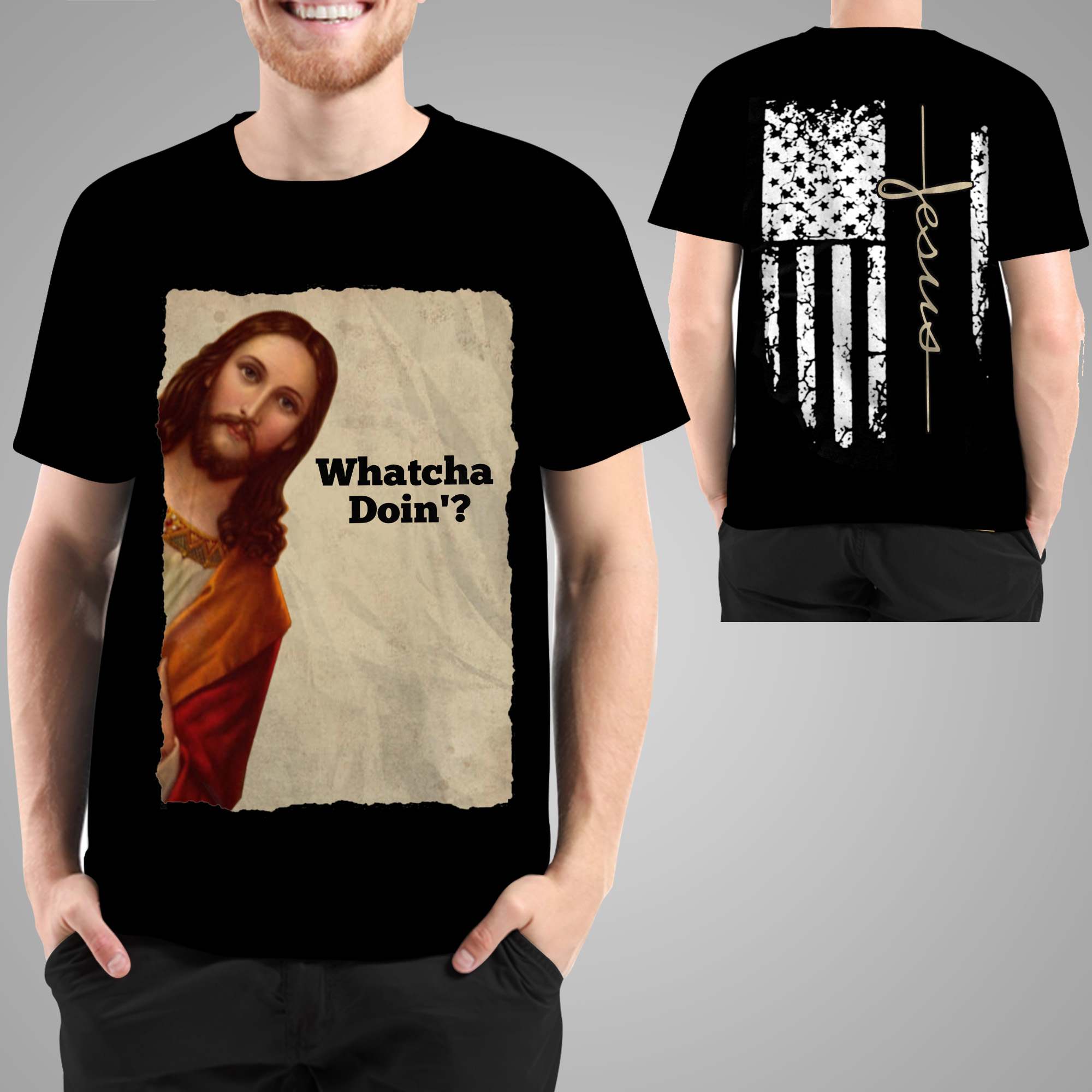 Whatcha Doin’? Jesus American Flag Vintage Retro 3D T-Shirt For God Lovers In Daily Life