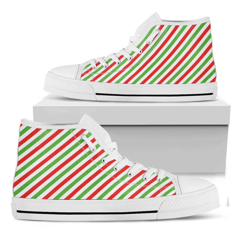 Christmas Candy Cane Striped Print White High Top Shoes For Men And Women