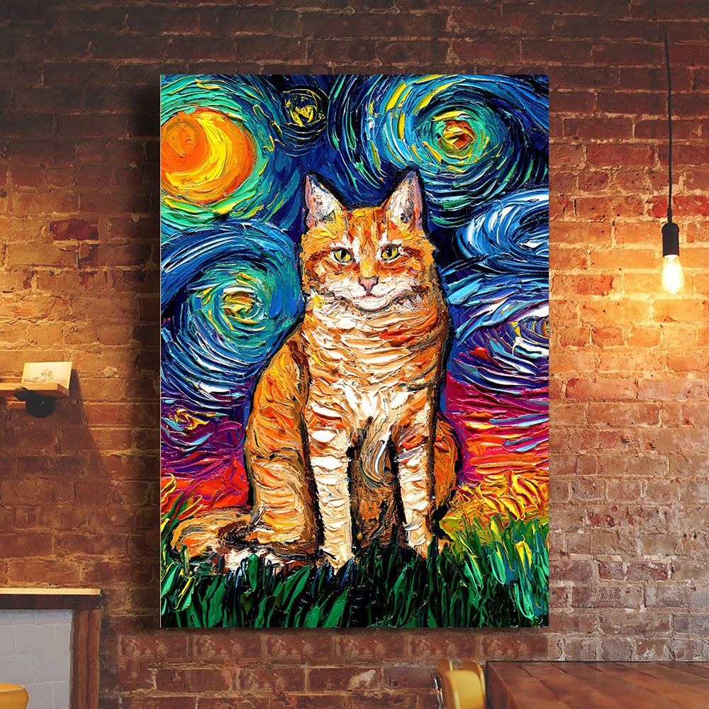 Orange Starry Night Poster Van Gogh Cat Poster Art Wall Decor For ...