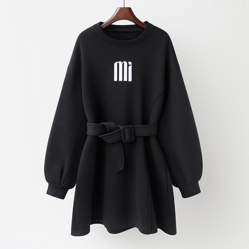 2021 Autumn Winter Clothes Women New Korean Fashion O-Neck Hoodies Dress With Belt Fleece Long Women’s Sweatshirt Collect Waist alx