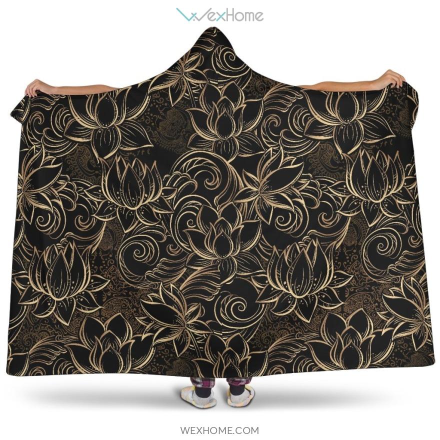 Luxurious Gold Lotus Waterlily Black Background Hooded Blanket