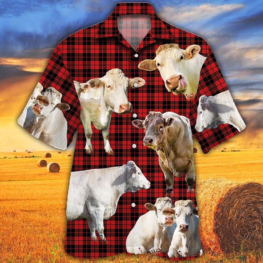 Charolais Cattle Lovers Red Tartan Pattern Hawaii Cow Hawaii Shirt For Men Women Ha21497